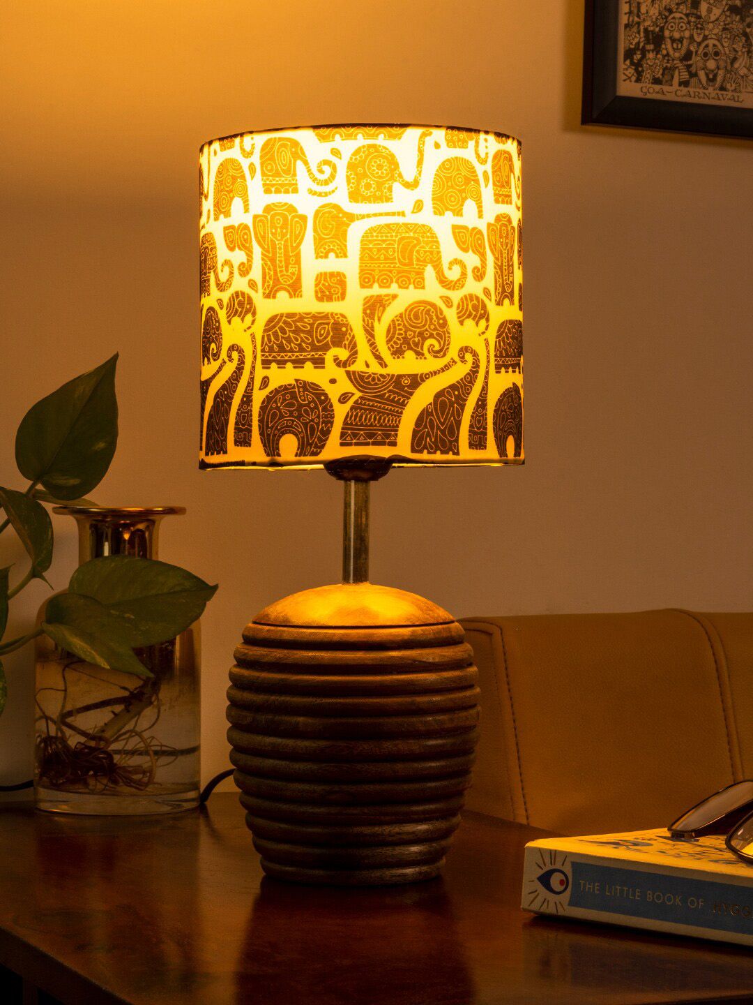 green girgit Black & Brown Printed Cylinder Shaped Wooden Table Lamps Price in India