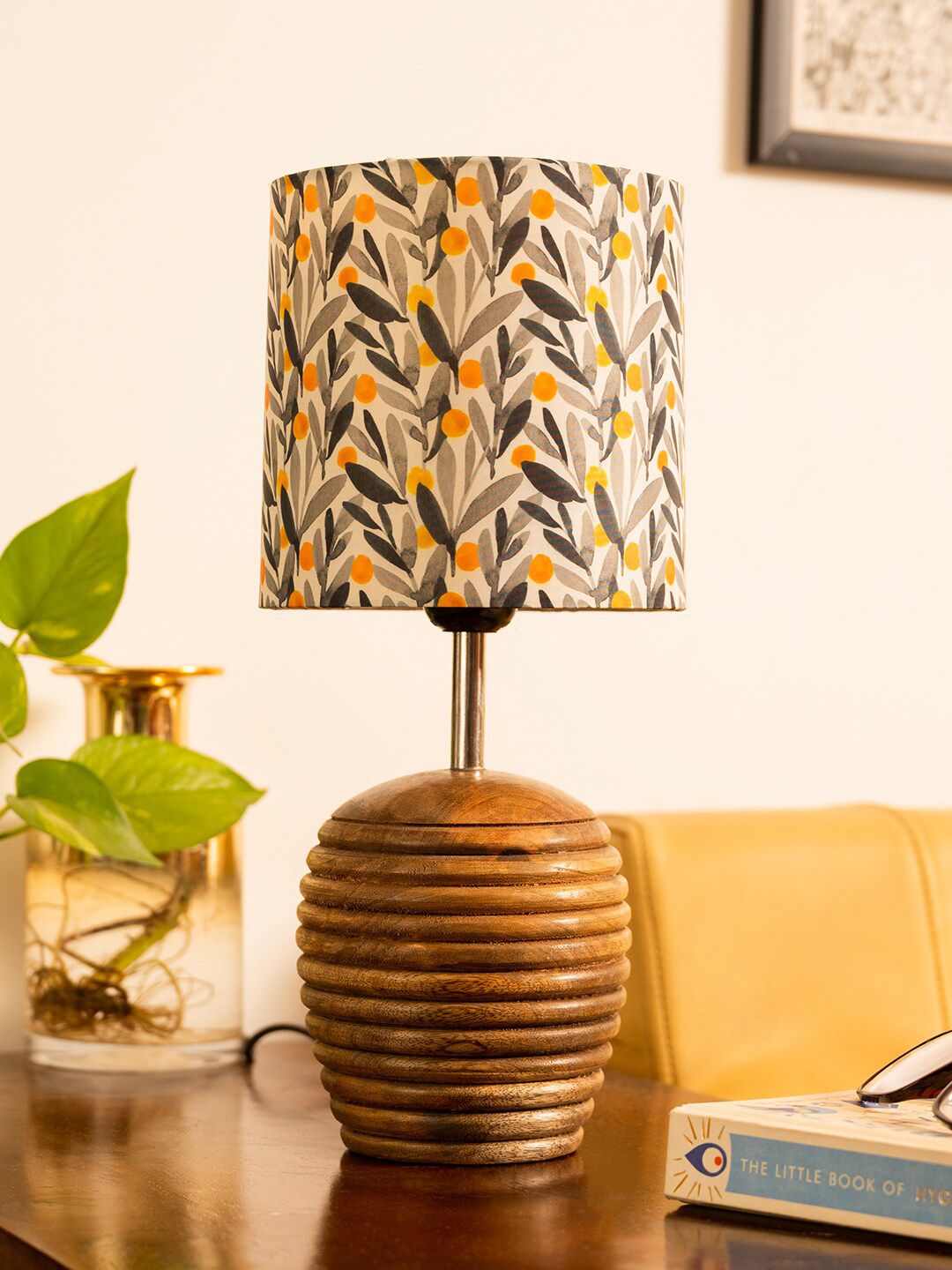 green girgit Yellow & Brown Printed Wooden Table Lamp With Printed Shade Price in India