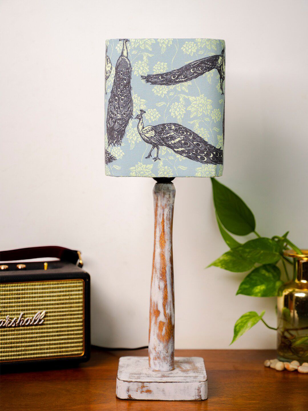 green girgit Blue & White Printed Wandering Peacock Wooden Table Lamps Price in India