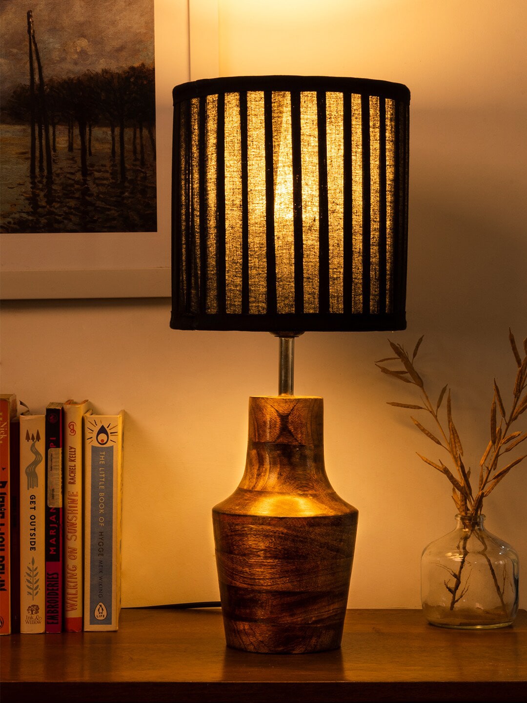 green girgit Black & Brown Textured Firkin Wood Table Lamp Price in India
