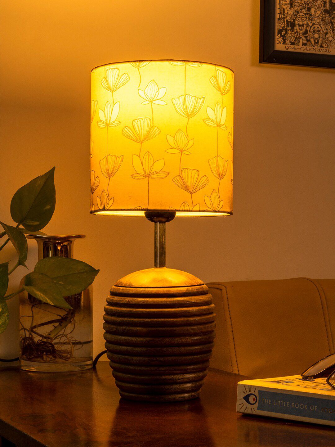 green girgit Mustard Yellow Printed Wooden Table Lamps Price in India