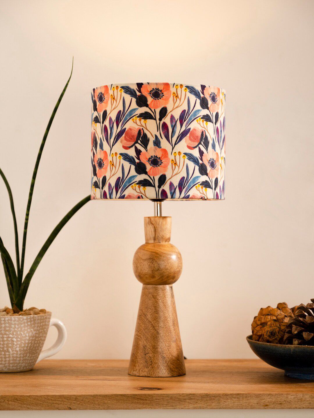 green girgit Peach Printed Wooden Skirt Table Lamp Price in India