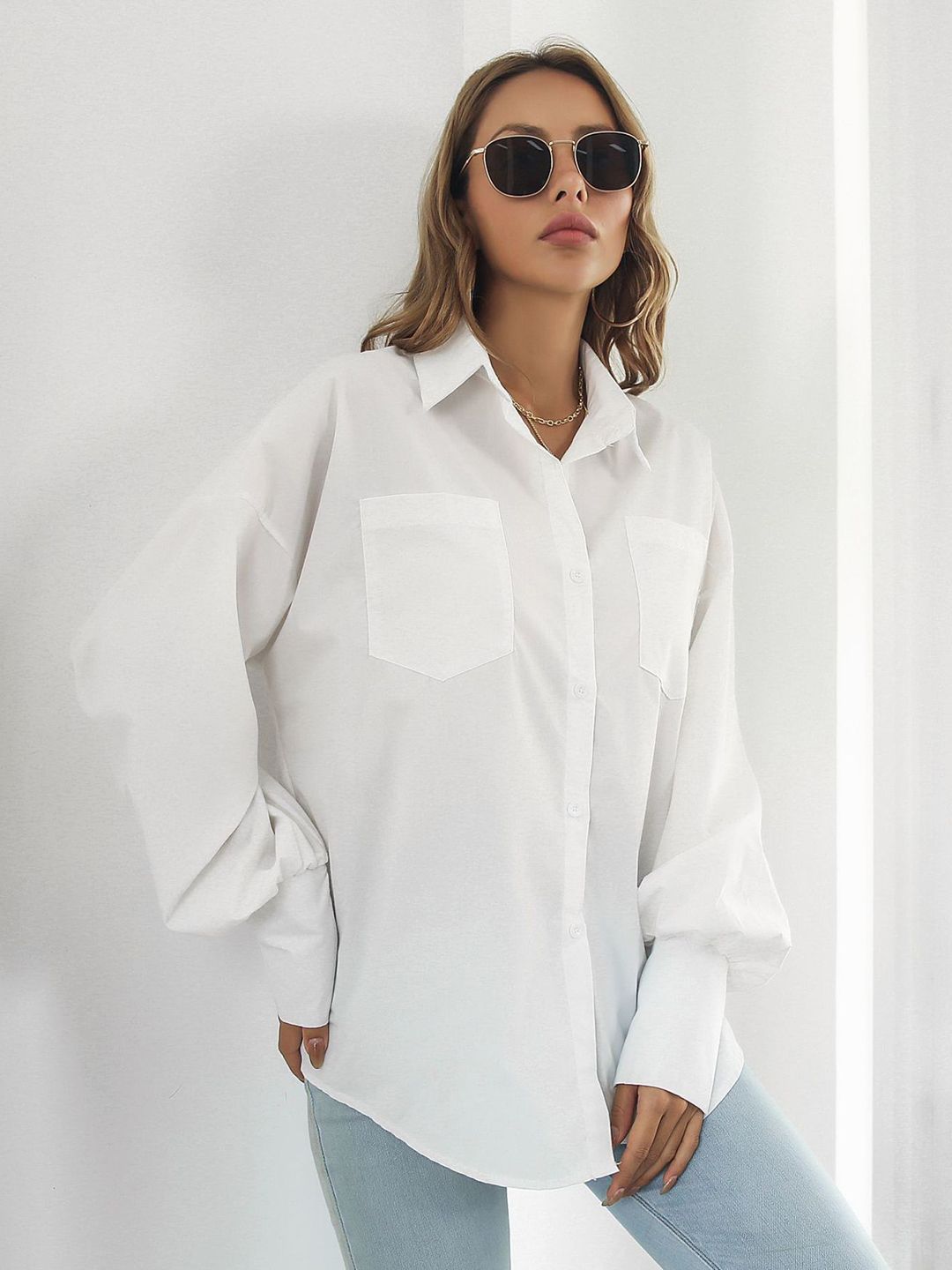 StyleCast Women White Extended Sleeves Shirt Style Longline Top Price in India