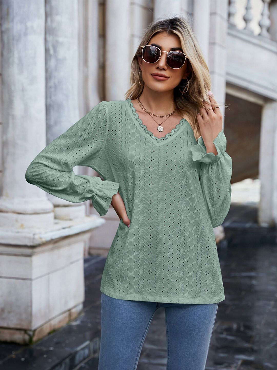 BoStreet Green V-Neck Self Design Top Price in India