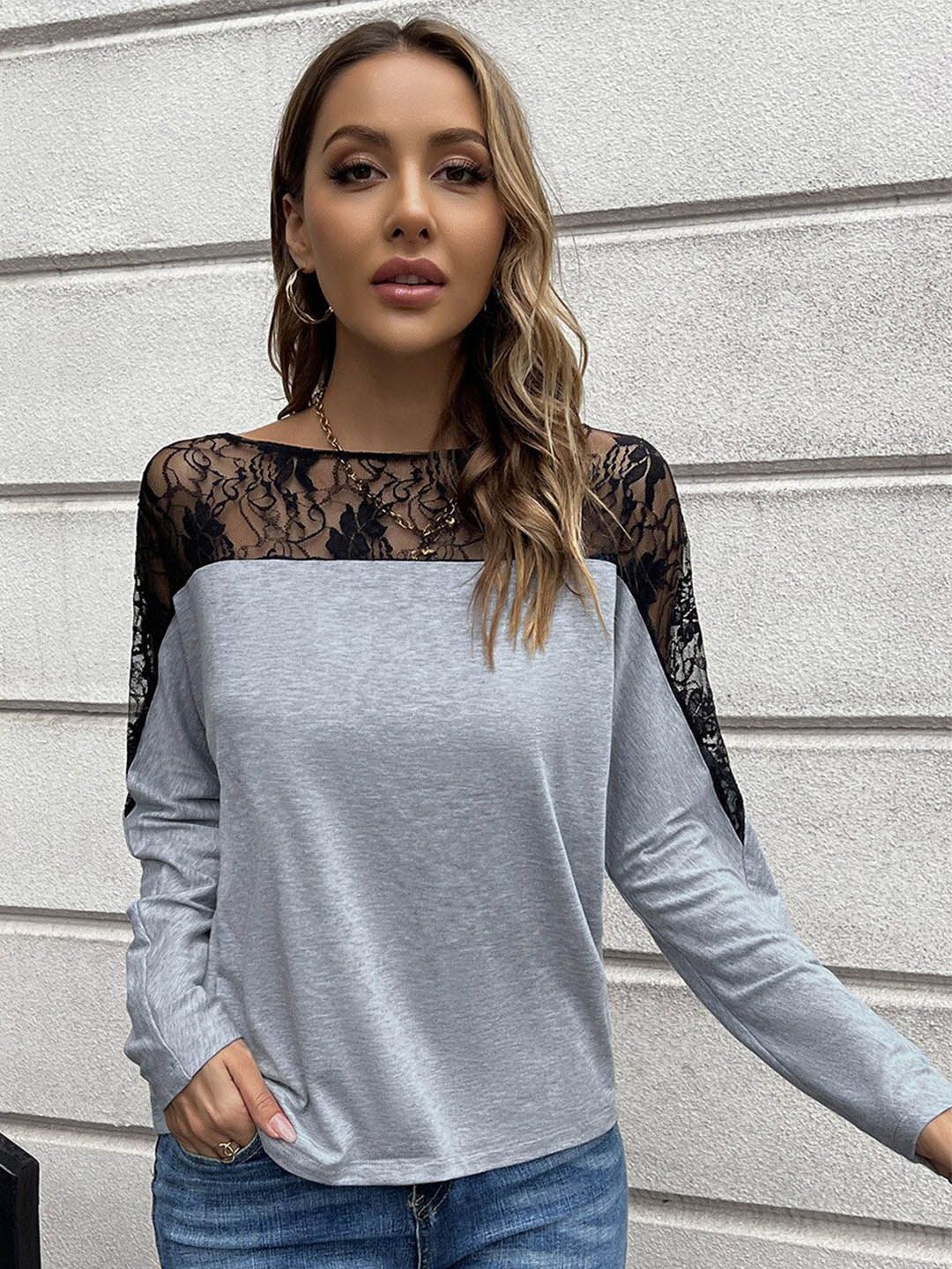 StyleCast Women Laced Grey Regular Top Price in India