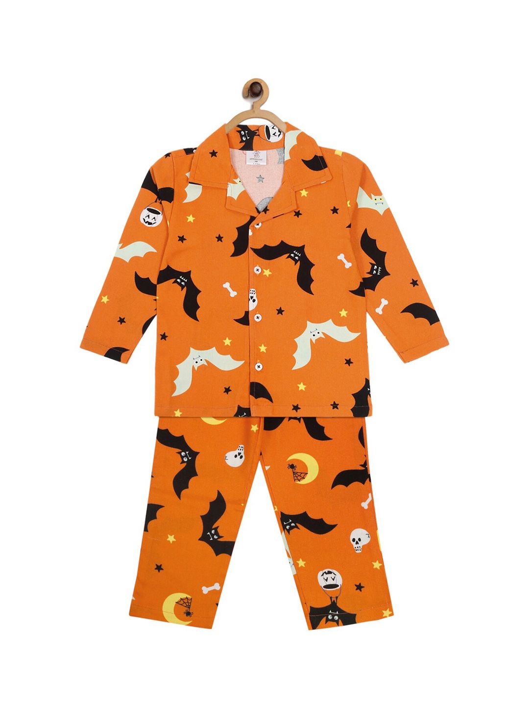 Hippodrome Unisex Kids Orange & Black Halloween Printed Flannel Night suit