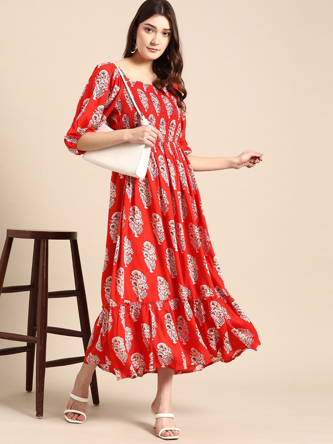 all about you Ethnic Motifs Print Smocked A-Line Midi Dress Price in India