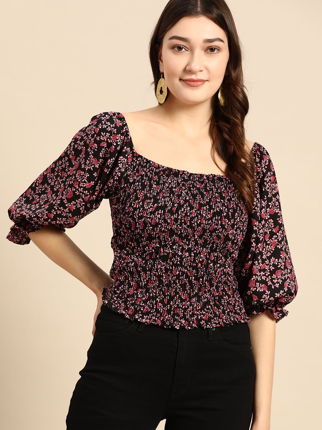 all about you Floral Print Smocked Fitted Top Price in India