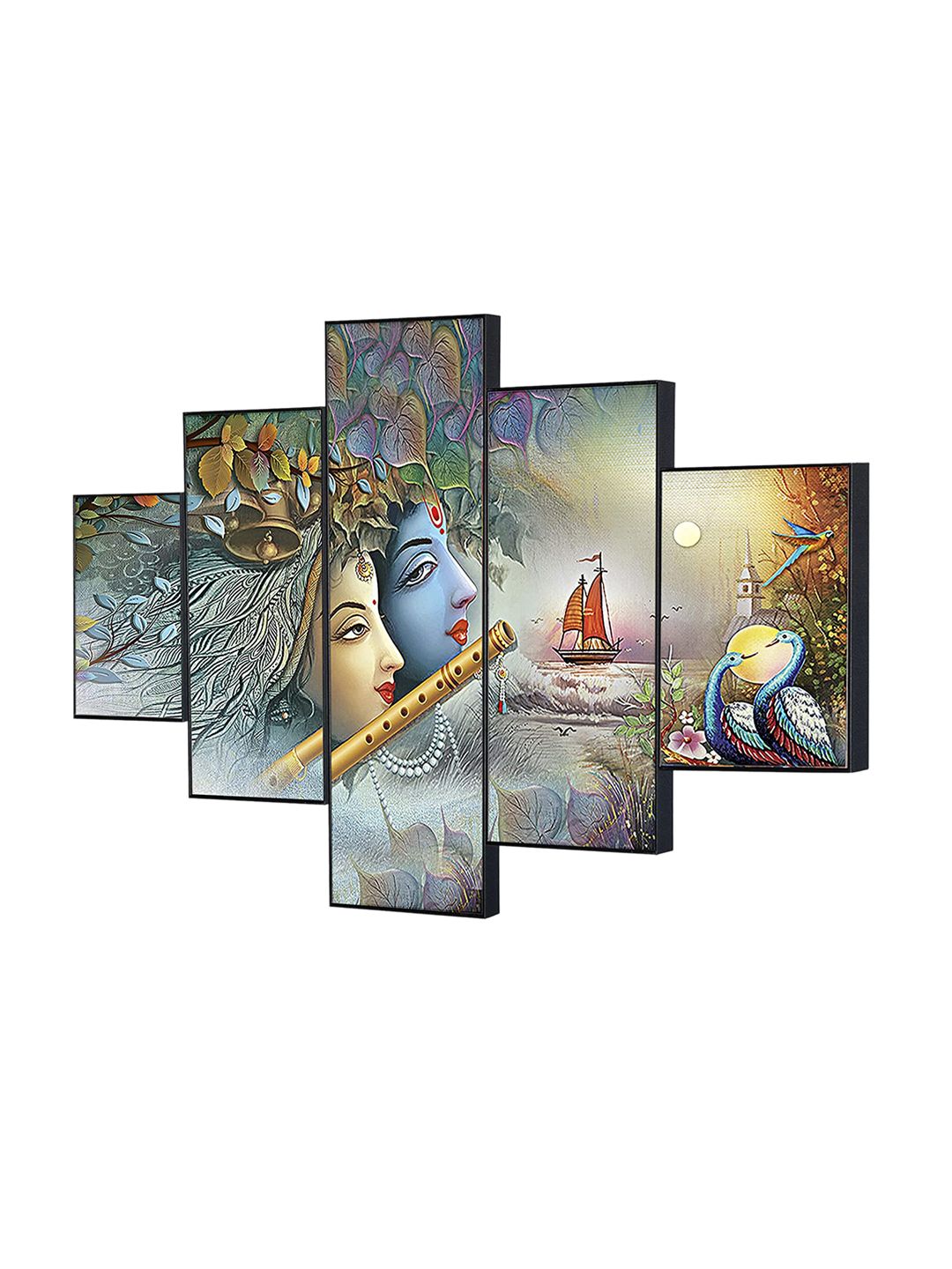 Perpetual Set Of 5 Krishna Painting 3d Scenery Wall Art Price in India