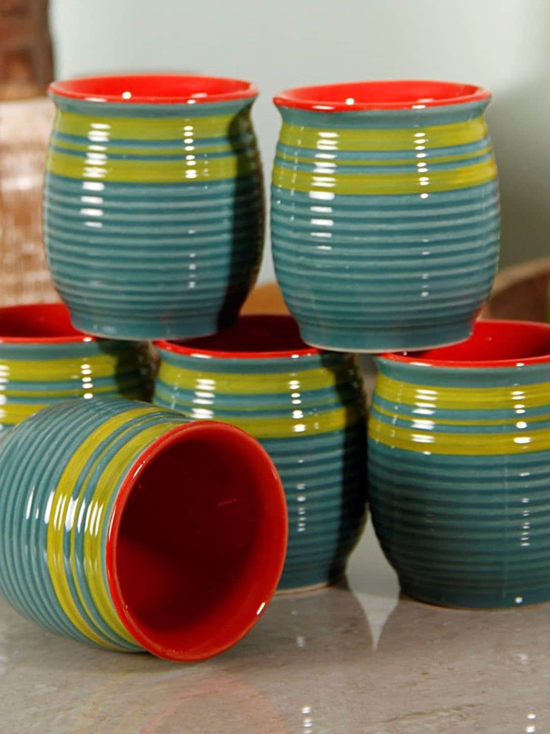Unravel India Blue & Red Set of 6 Ceramic Cups Price in India