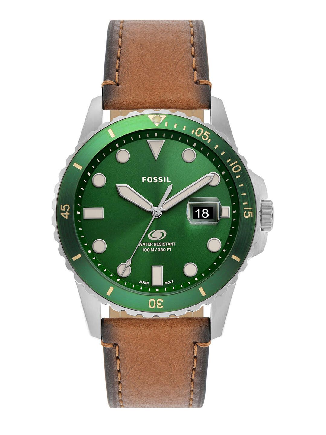 Men Leather Straps Watch Fossil Men Green Dial & Brown Leather Straps Analogue Watch FS5946