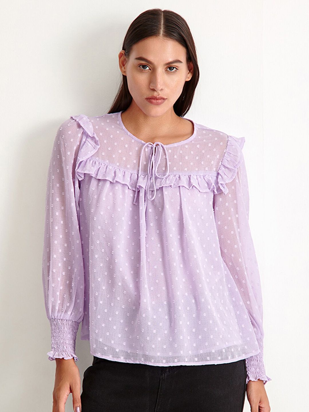 COVER STORY Lavender Tie-Up Neck Ruffles Top Price in India