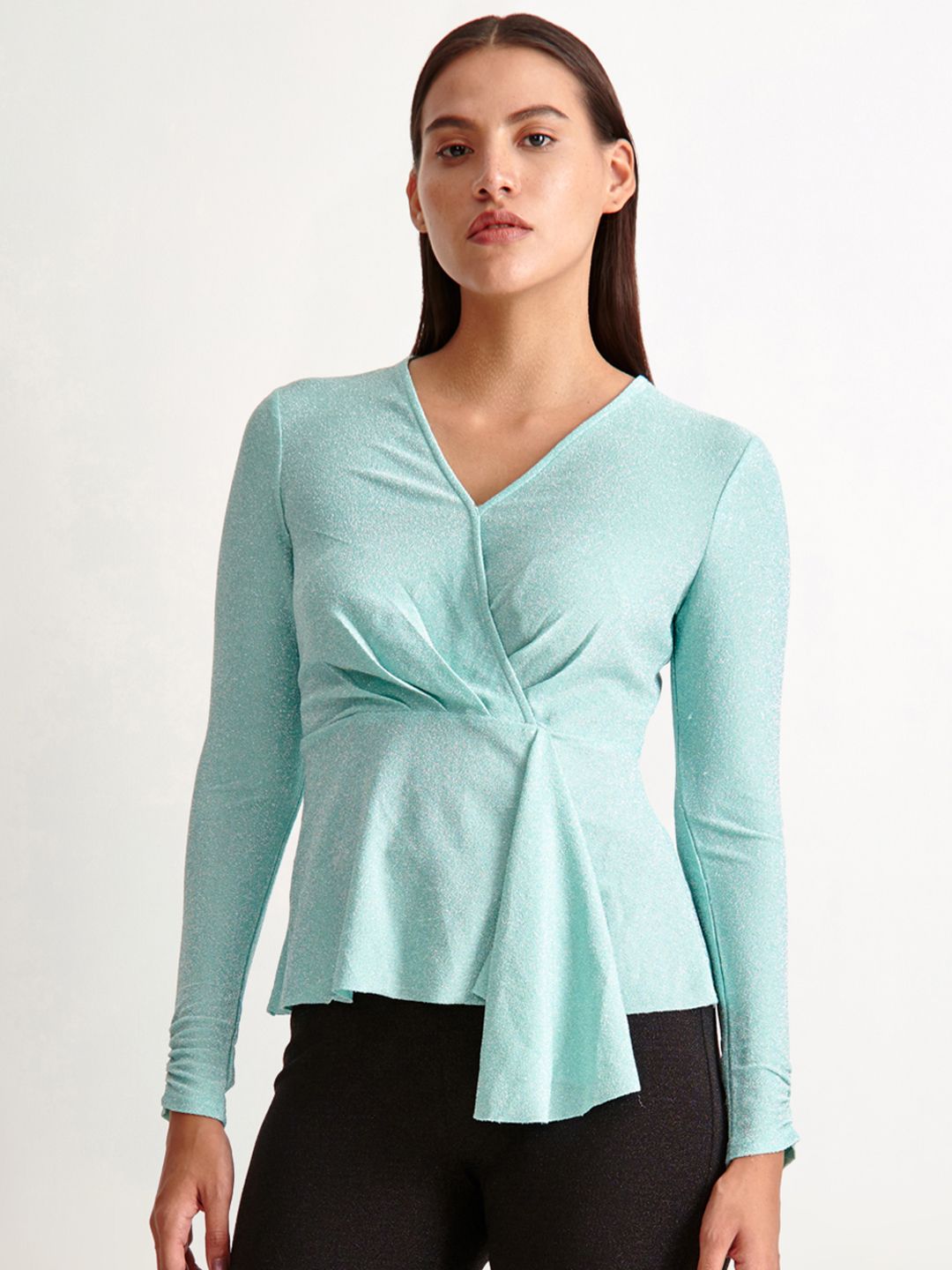 COVER STORY Sea Green Shimmer Wrap Top Price in India