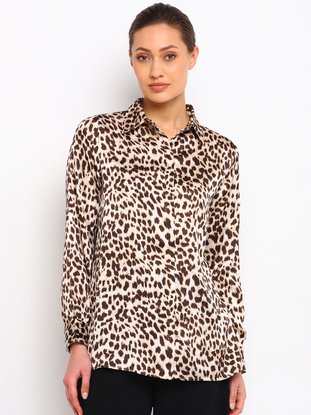 COVER STORY Women Brown & Cream-Coloured Animal Print Shirt Style Top Price in India