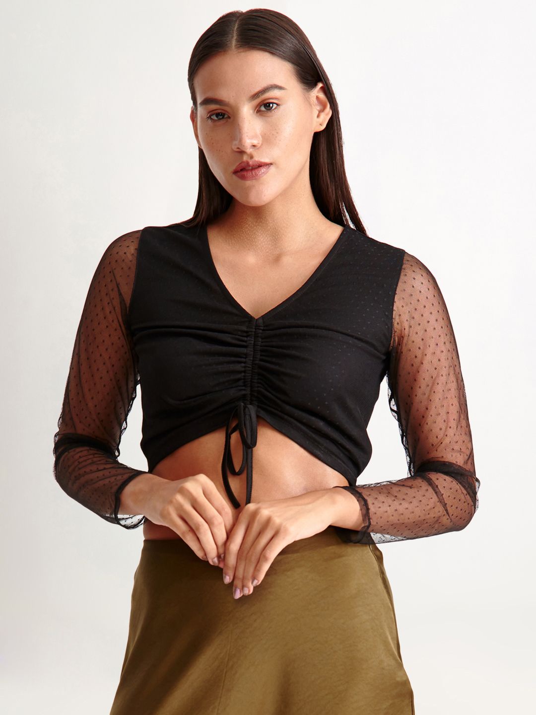 COVER STORY Black Ruched Cinched Waist Crop Top Price in India