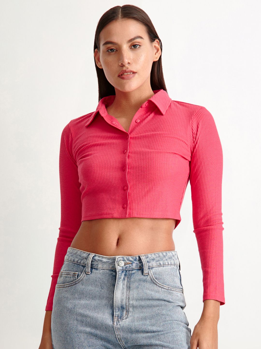 COVER STORY Fuchsia Shirt Style Crop Top Price in India
