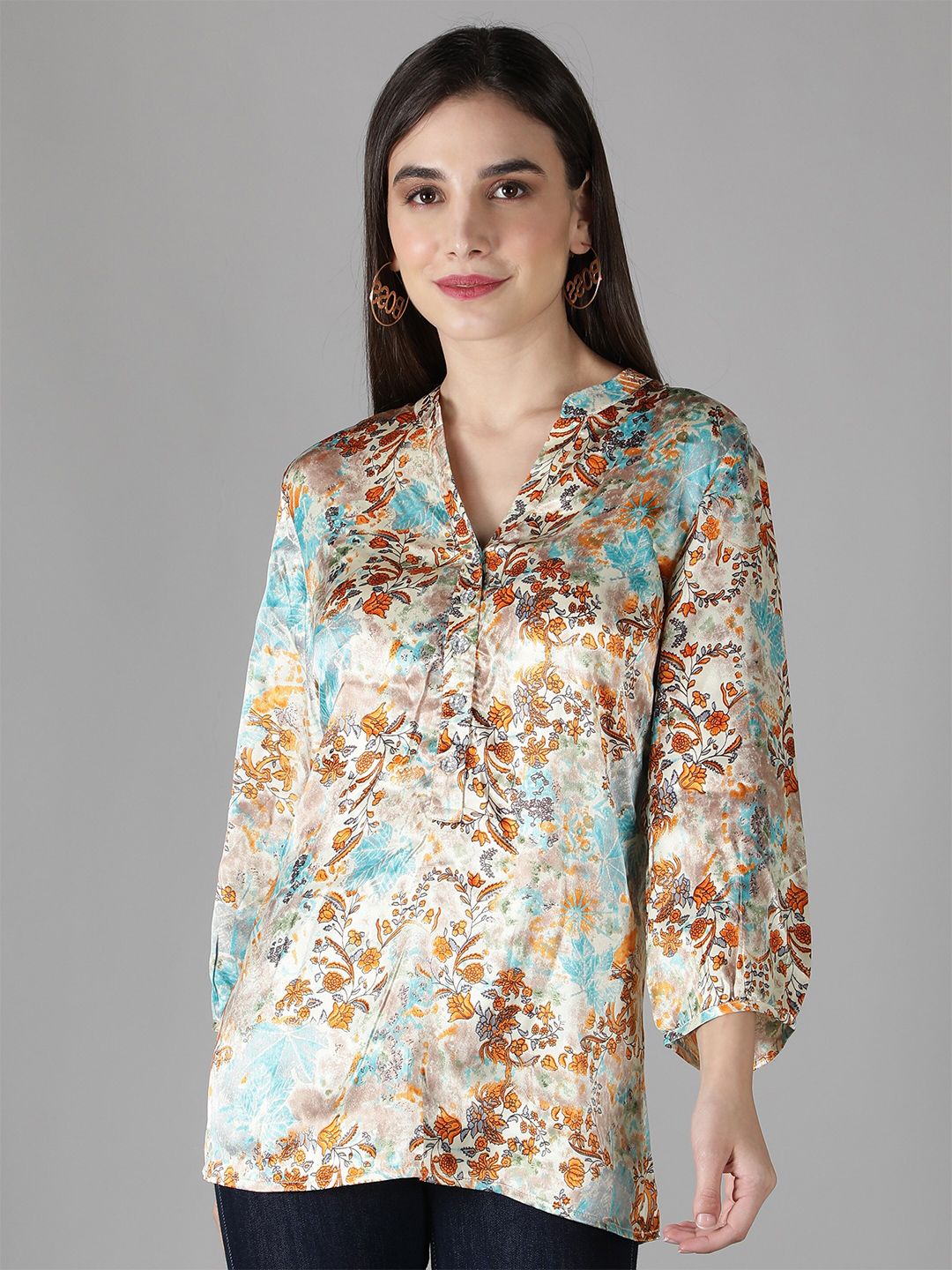 DEBONATELLA Gold-Toned Floral Print Mandarin Collar Satin Shirt Style Top Price in India