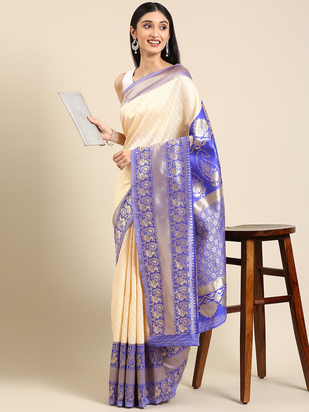 Anouk Cream-Coloured & Blue Woven Design Pure Silk Banarasi Saree Price in India
