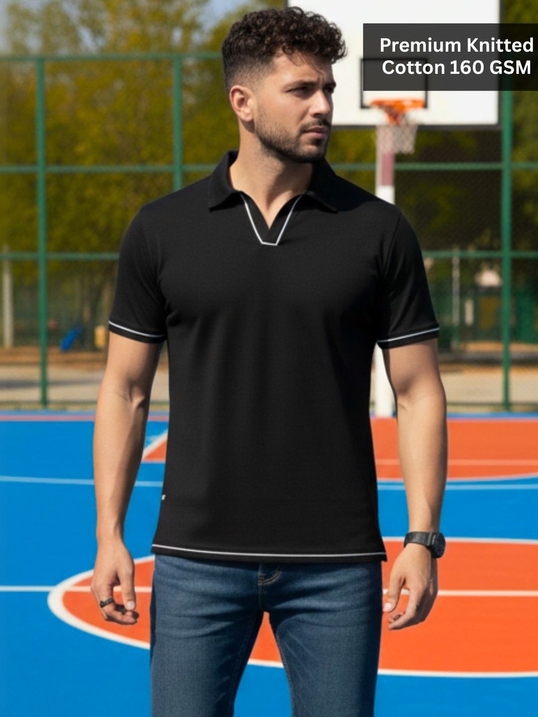 Rigo Men Solid Polo Neck Cotton Black Tshirts