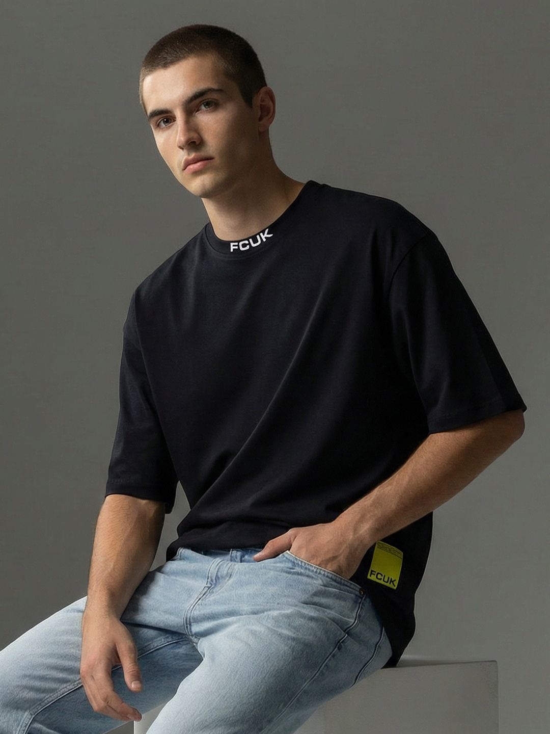 FCUK Drop-Shoulder Sleeves Relaxed Fit Pure Cotton T-shirt