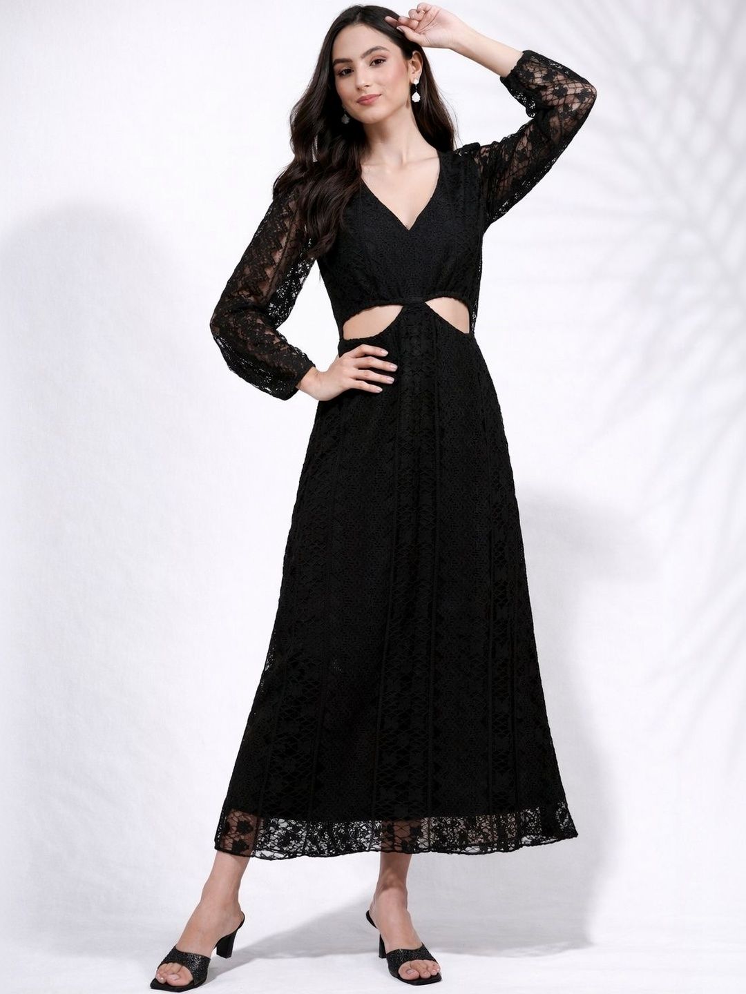 chinese dress ladies Iria Black Lace Midi Dress | Asymmetric Ruched Skirt main image 0