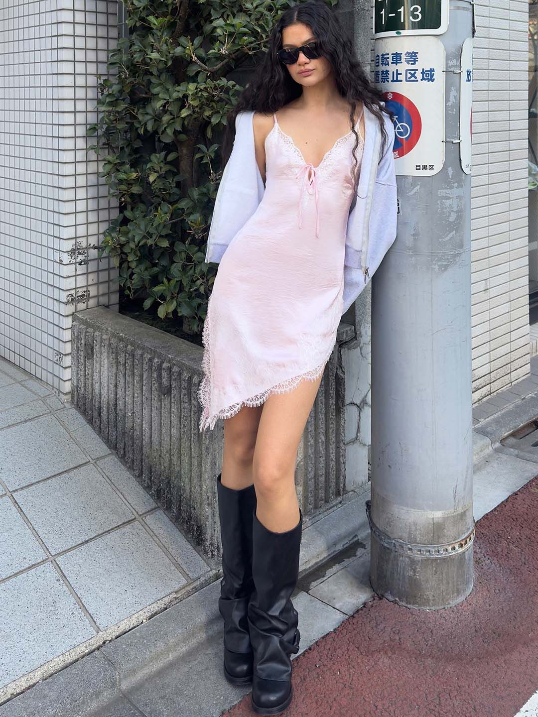 Asymmetric sateen mini dress