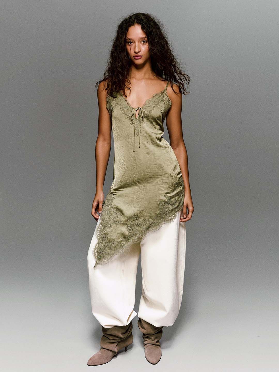 Asymmetric sateen mini dress