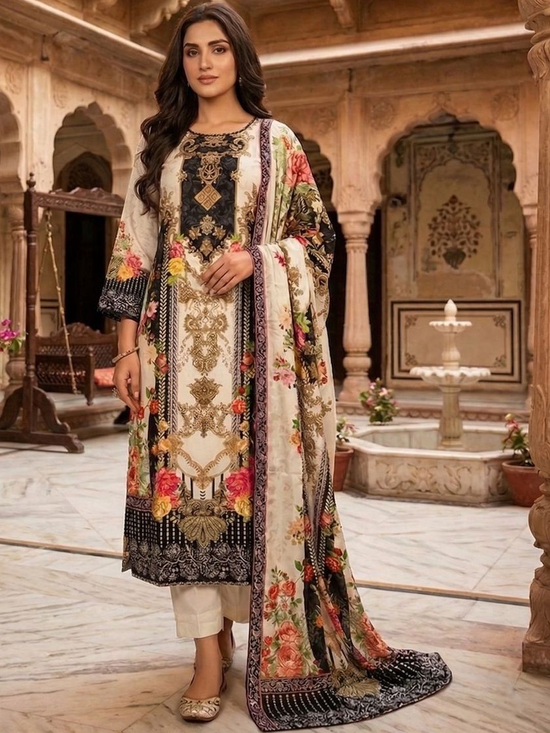 Women Printed Kurta with Trousers With Dupatta Inddus Women Ethnic Motifs Printed Regular Sequinned Pure Silk Kurta with Trousers & With Dupatta