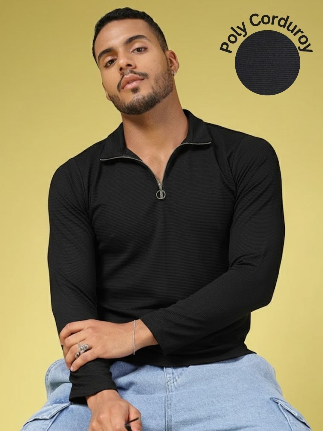 Rigo Men Black Self Design Polo Collar Casual Tshirt