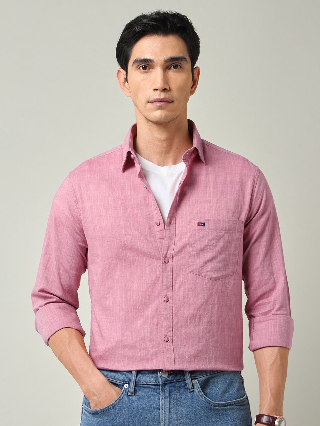 AD By Arvind Men Slim Fit Textured Spread Collar Cotton Casual Shirt
