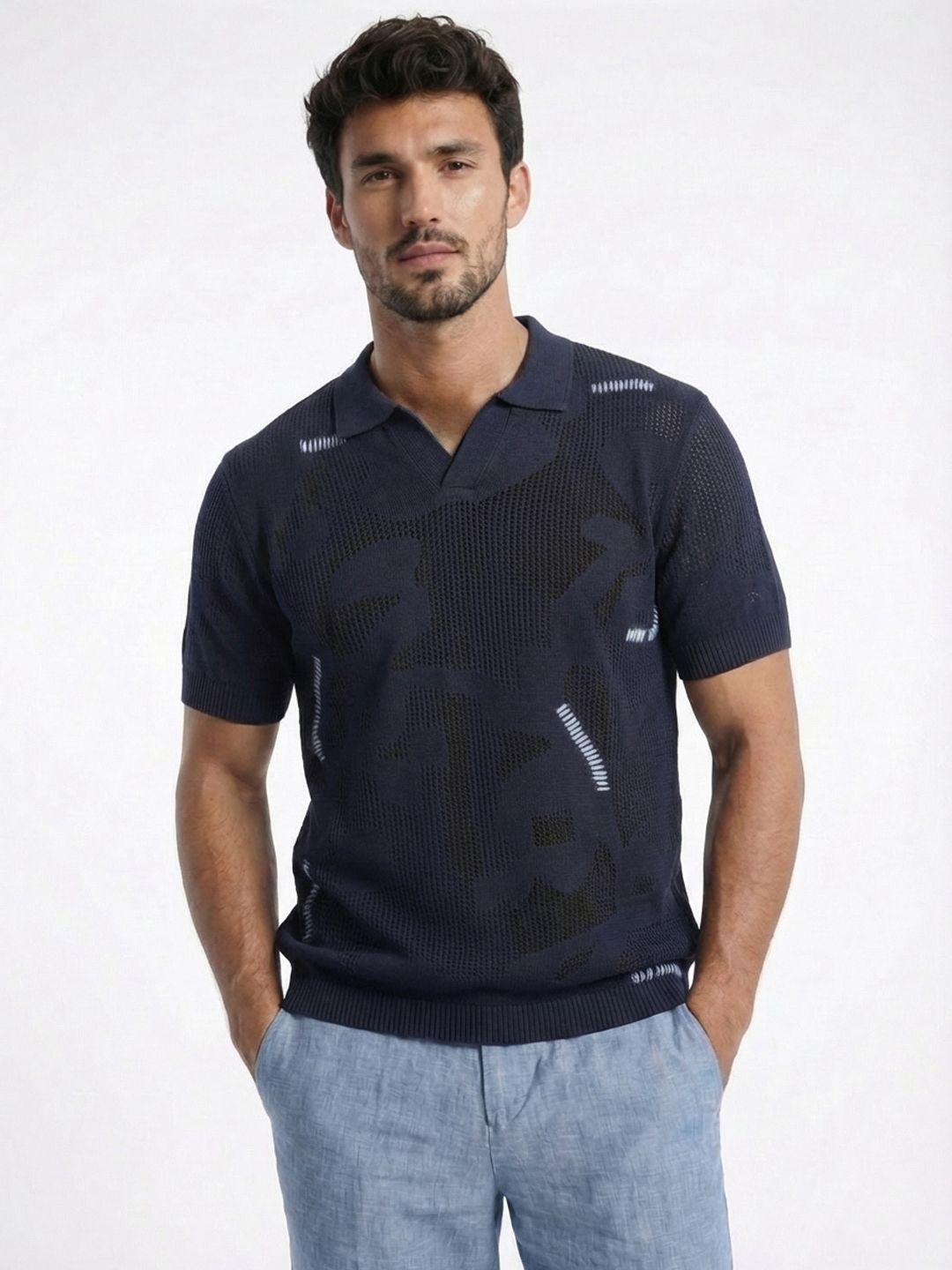 glitchez Self Designed Polo Collar Pure Cotton Fine Knit T-shirt
