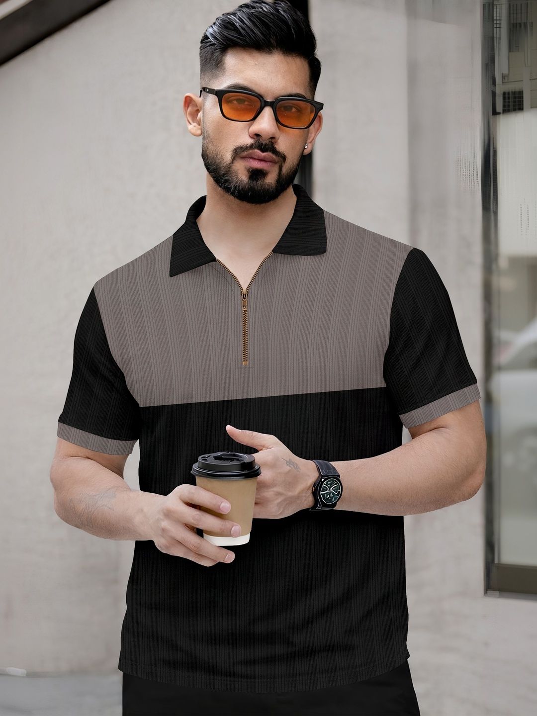 HAPPY KHAJANA Self Design Regularfit Polo Full Zipper Chain Tshirts