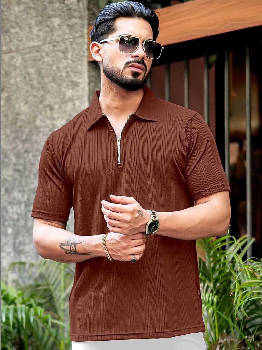 HAPPY KHAJANA Men Textured Polo Zip Neck Collar Tshirts