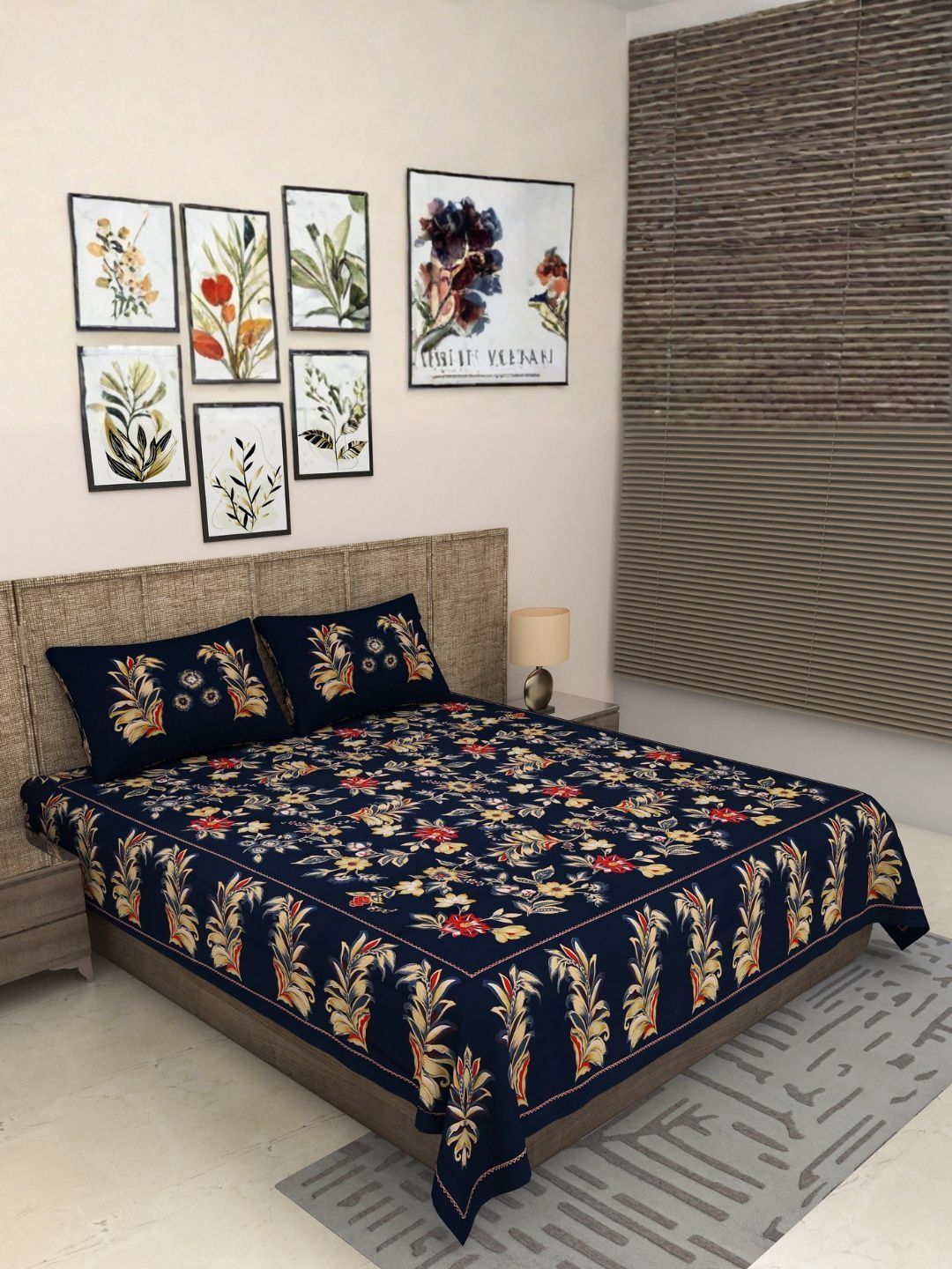 JAIPUR FABRIC Blue Floral 300 TC King Bedsheet with 2 Pillow Covers