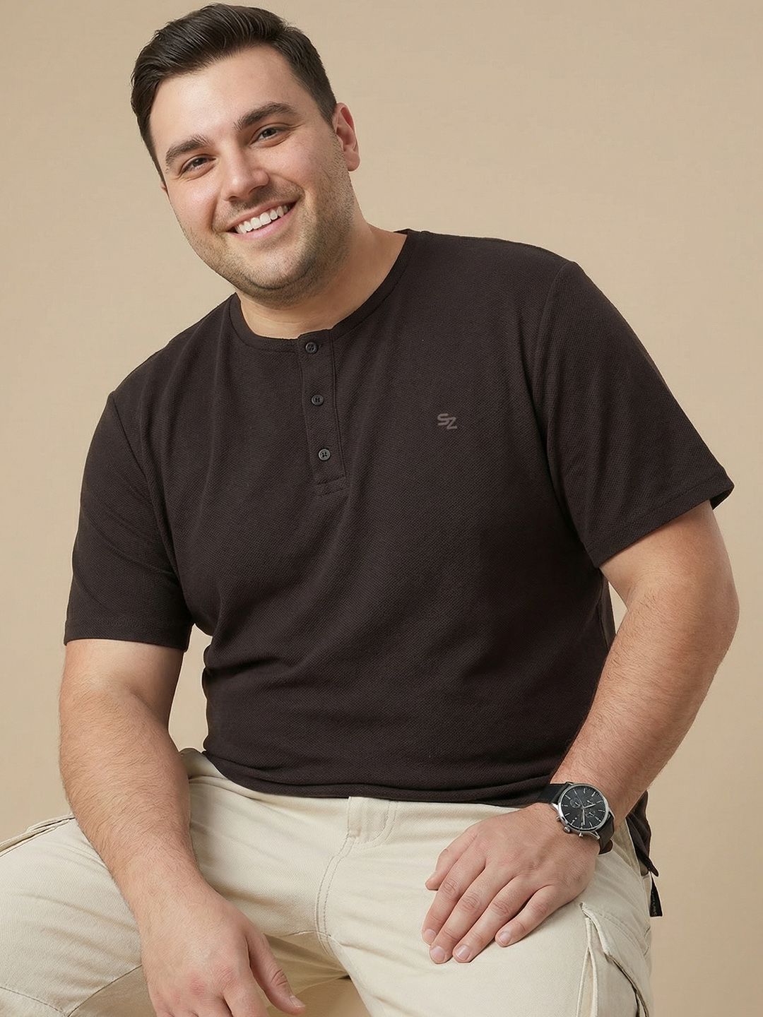 Sztori Plus Size Henley Neck Pure Cotton T-shirt
