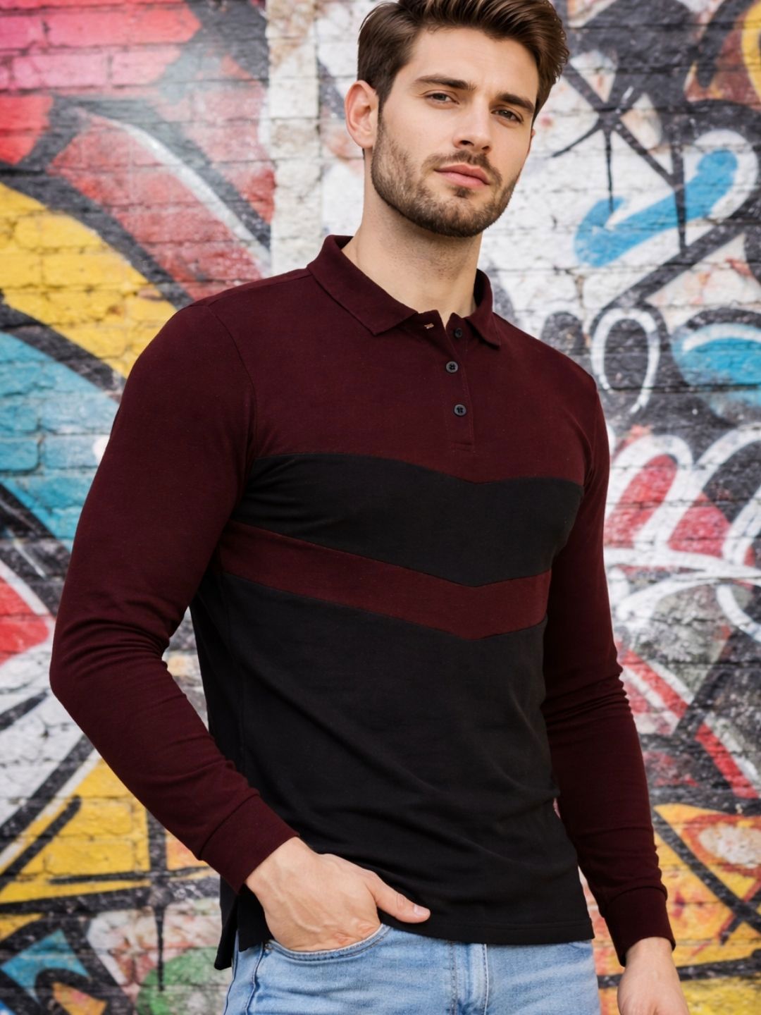 Rigo Men Maroon Colorblock Full Sleeves Collar Neck Tshirts