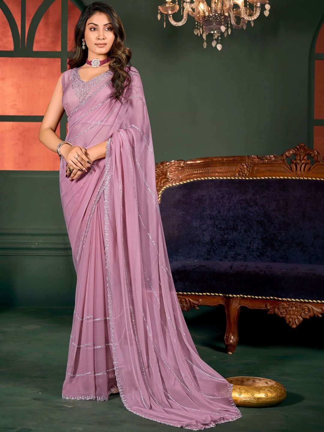 VIYONA FASHION Beads and Stones Poly Chiffon Saree