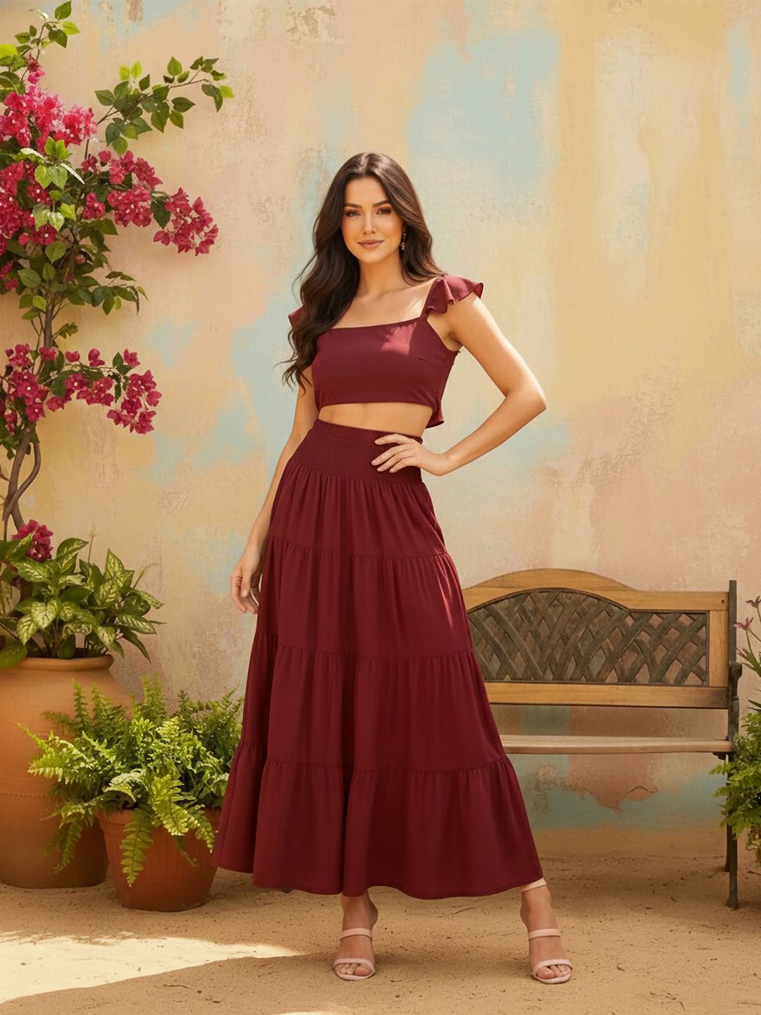 Berrylush Maroon Square Neck Top With Skirt