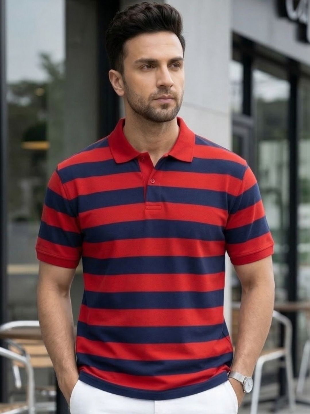 CLUB 44 Men Striped Polo Collar T-shirt