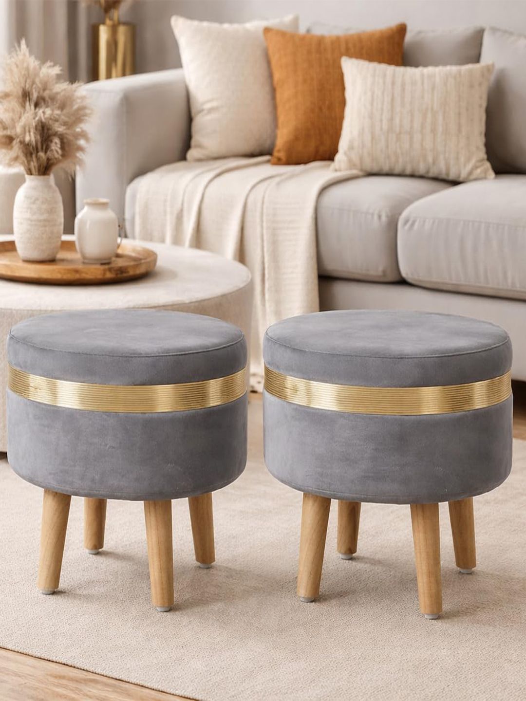 Shadowkart 2-Pcs Grey Oval Ottomans