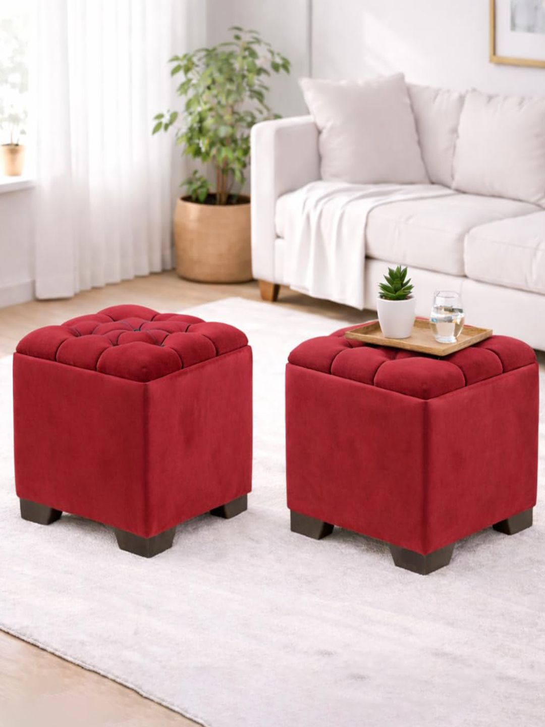 Shadowkart 2-Pcs Maroon Square Ottomans
