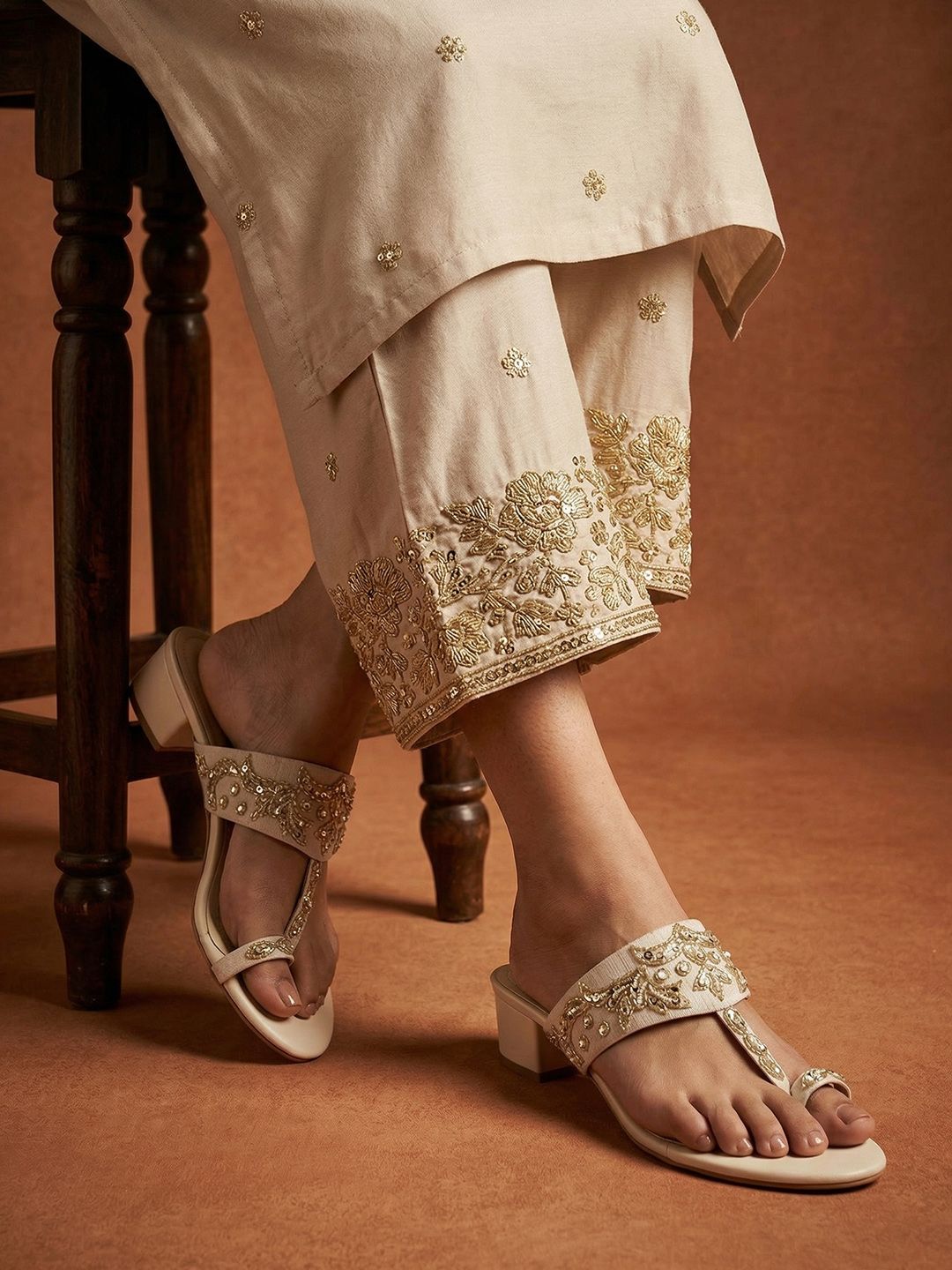 House of Pataudi Floral Beaded Block Heels