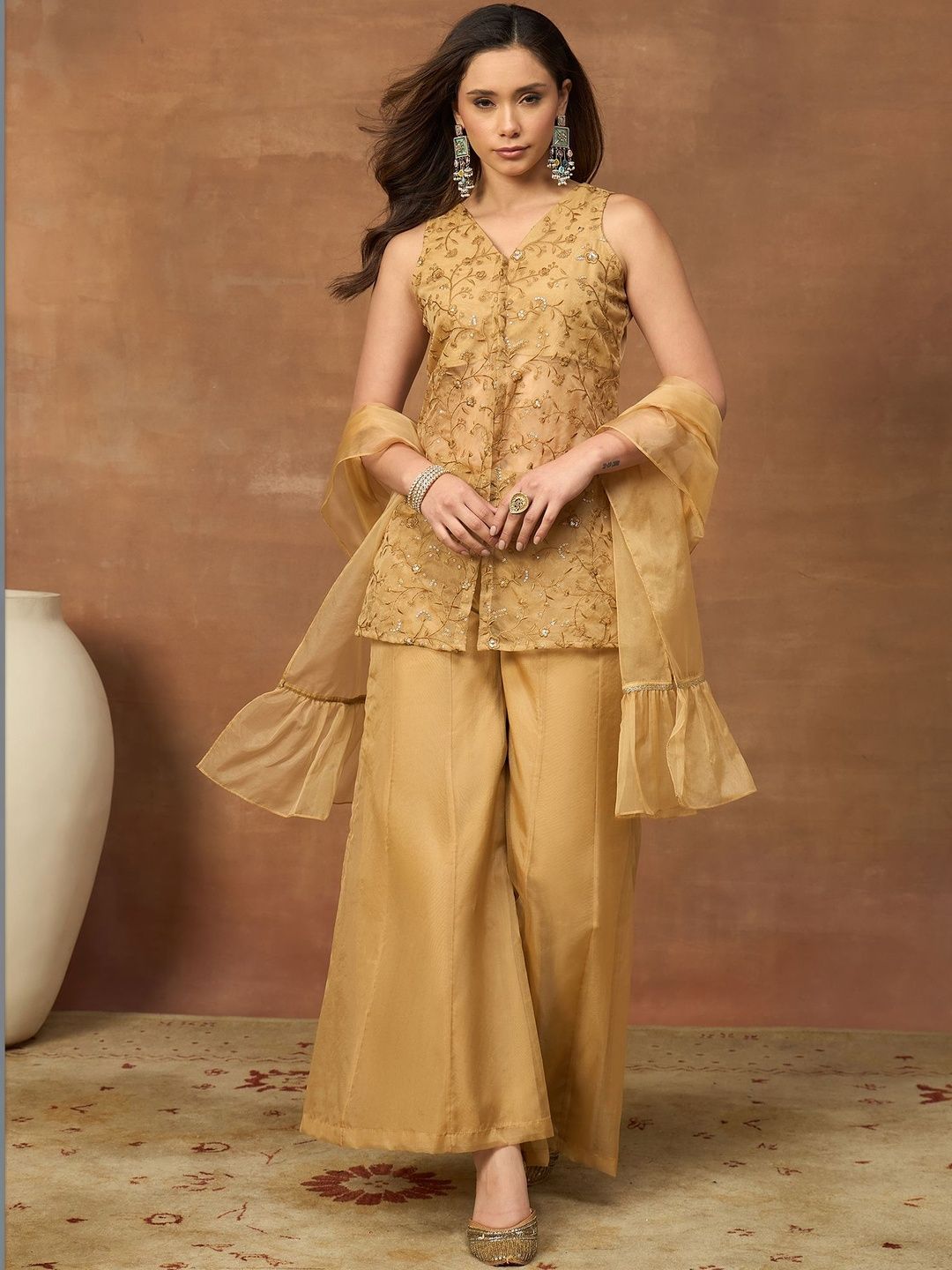 Women Embroidered Kurta with Palazzos With Dupatta Inddus Women Floral Embroidered Regular Thread Work Kurta with Palazzos & With Dupatta