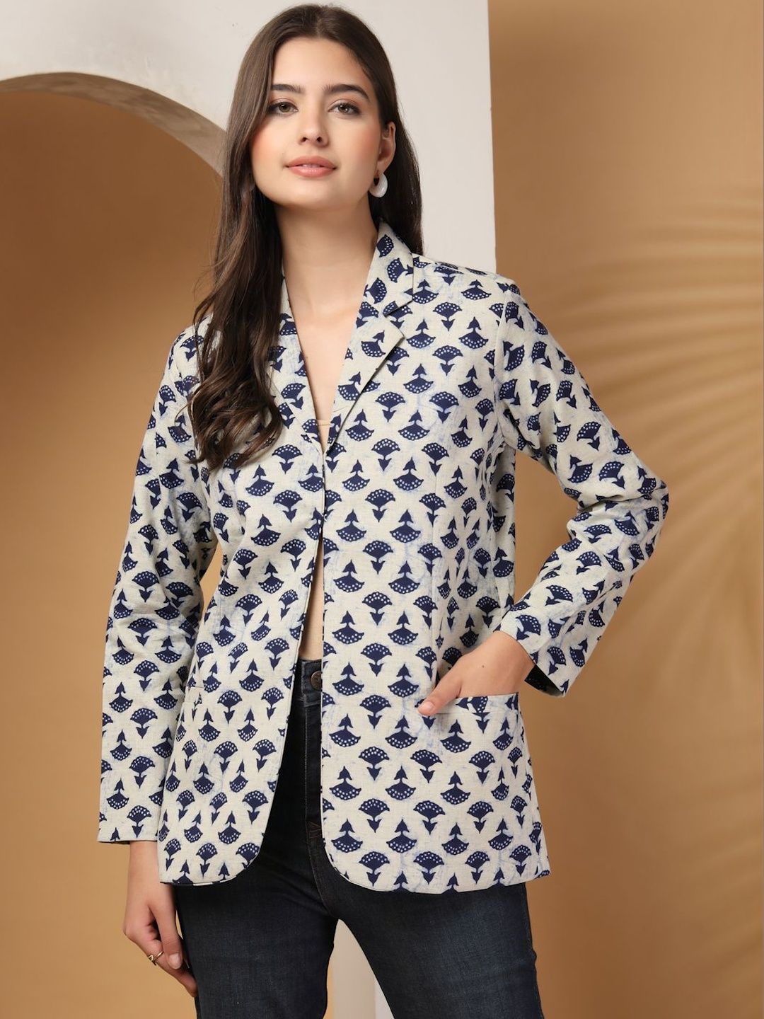 KALINI Block Printed Pure Cotton Notched Lapel Single-Breasted Blazer deal from myntra