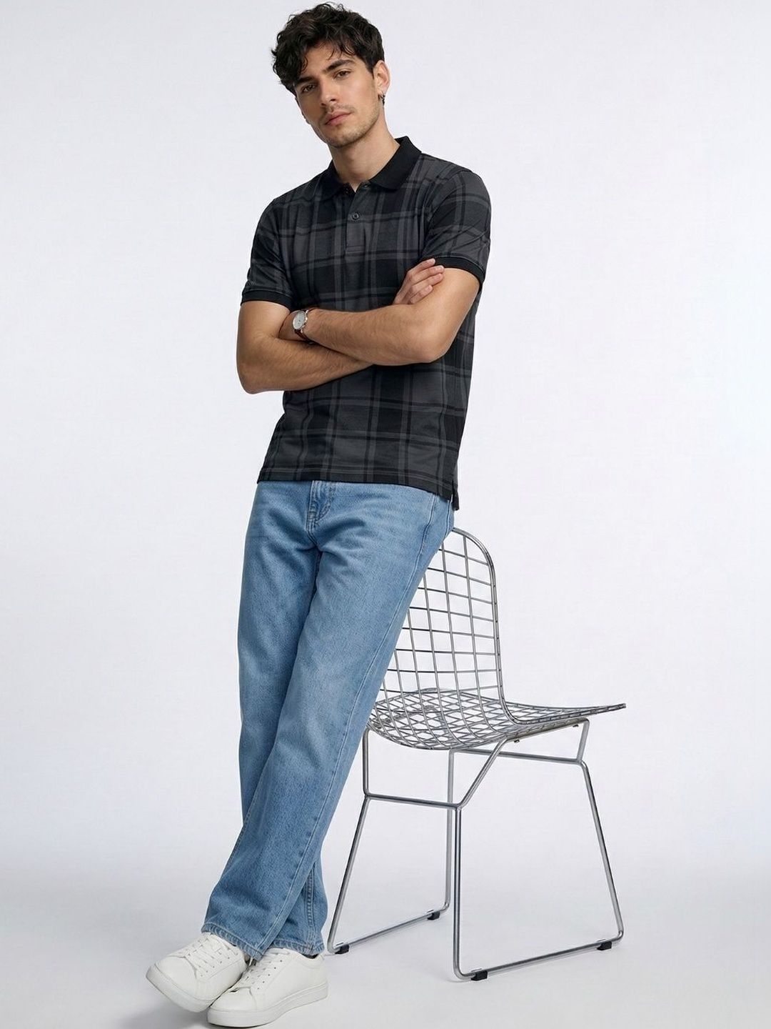 YONGE Men Checked Polo Collar T-shirt