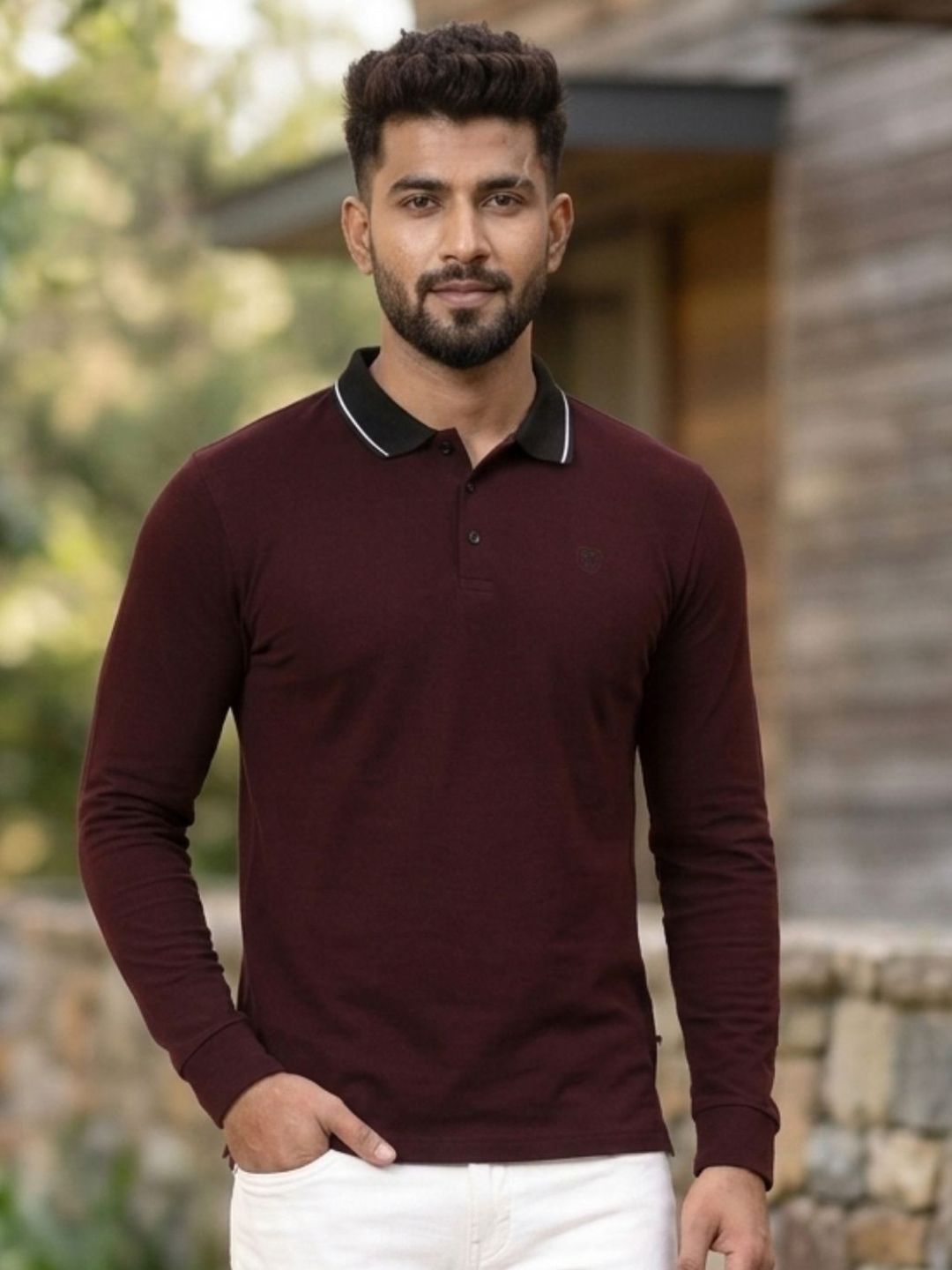 Rigo Men Wine Solid Full Sleeves Polo Neck Tshirts