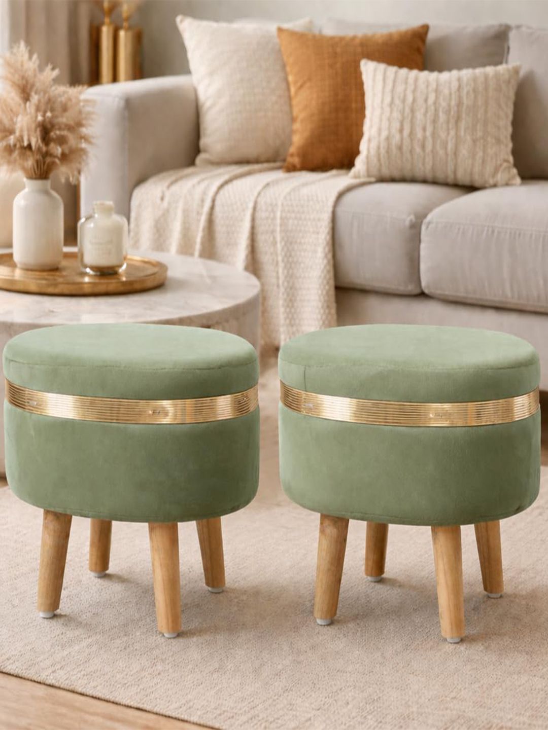 Shadowkart 2-Pcs Green Oval Ottomans