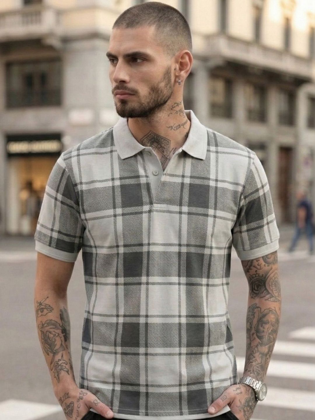 CLUB 44 Men Checked Polo Collar T-shirt