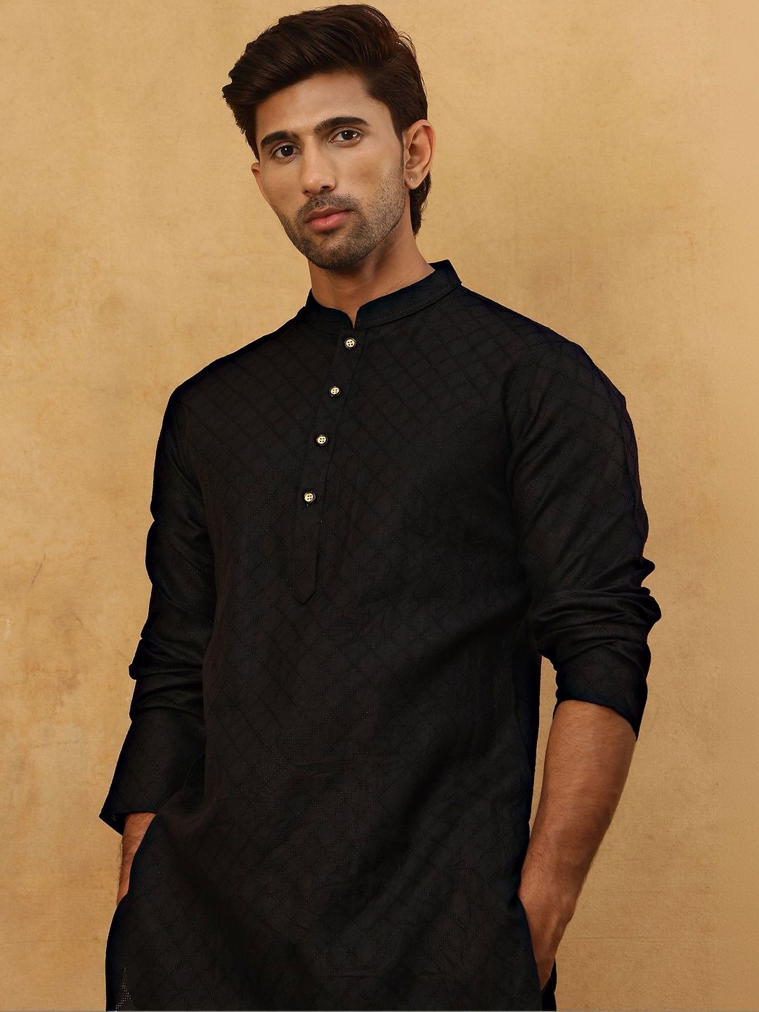 House of Pataudi Self Design Mandarin Collar Knee Length Straight Kurta