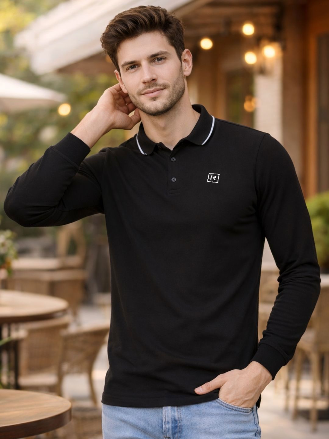 Rigo Men Black Solid Full Sleeves Polo Neck Tshirts